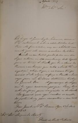 Ofício original enviado por Duarte da Ponte Ribeiro (1795–1878), Barão da Ponte Ribeiro, para Joã...