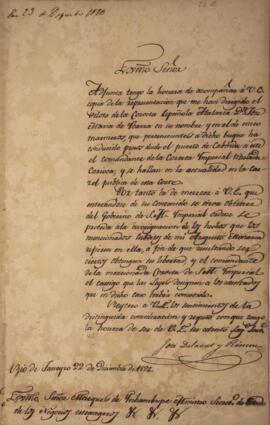 Nota diplomática datada de 22 de dezembro de 1826 em que José Delavart y Rincón comunica a Antôni...