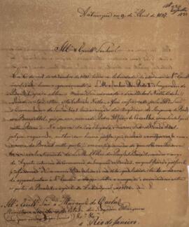 Ofício original, datado de 9 de abril de 1827, enviado por João de Charro para João Severiano Mac...