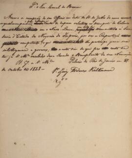 Minuta de despacho escrita no Palácio do Rio de Janeiro, com data de 27 de outubro de 1828, e end...