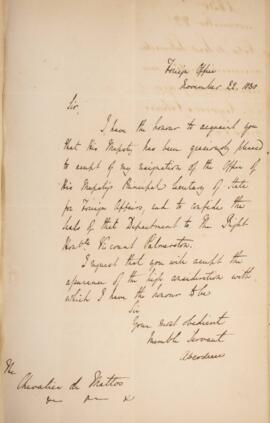 Nota diplomática datada do dia 22 de novembro de 1830 e de autoria de George Hamilton-Gordon (178...