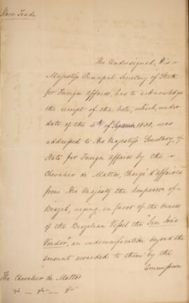 Nota diplomática n.18 datada do dia 10 de dezembro de 1830, de Henry Temple (1794-1865), 3.º Visc...