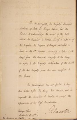 Nota diplomática datada do dia 10 de dezembro de 1830, de Henry Temple (1794-1865), 3.º Visconde ...