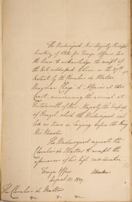 Nota diplomática datada do dia 31 de agosto de 1829, de George Hamilton-Gordon (1784-1860), 4° Co...