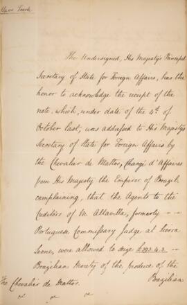 Nota diplomática n.17 datada do dia 10 de dezembro de 1830, de Henry Temple (1794-1865), 3.º Visc...