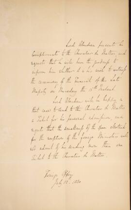 Nota diplomática datada do dia 12 de julho de 1830, de George Hamilton-Gordon (1784-1860), 4° Con...