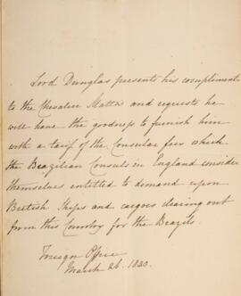 Nota diplomática datada do dia 26 de março de 1830, de Lorde Douglas, endereçada a Eustaquio Adol...