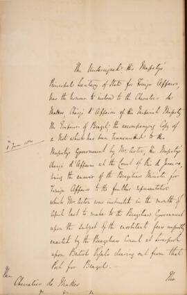 Nota diplomática datada do dia 24 de agosto de 1830, de George Hamilton-Gordon (1784-1860), 4° Co...