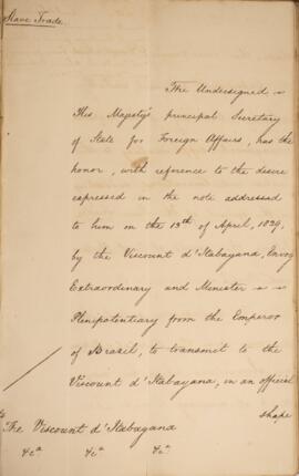 Nota diplomática datada do dia 7 de maio de 1829, de George Hamilton-Gordon (1784-1860), 4° Conde...