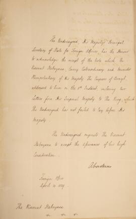 Nota diplomática datada do dia 10 de abril de 1829, de George Hamilton-Gordon (1784-1860), 4° Con...