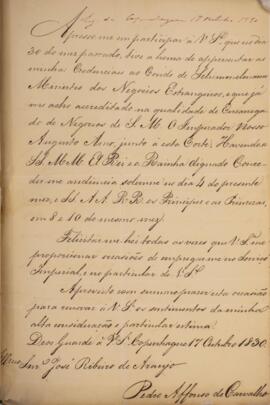 Ofício original enviado por Pedro Affonso de Carvalho para José de Araújo Ribeiro (1800-1879), co...