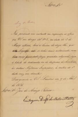 Despacho original enviado por Eustáquio Adolfo de Mello Mattos (1795-s.d.) para José de Araújo Ri...