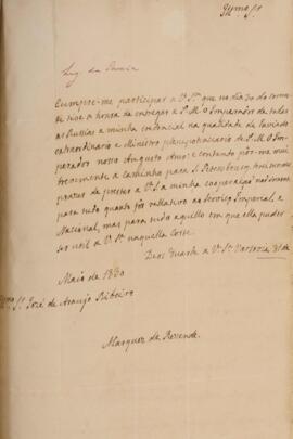 Aviso original enviado por Antonio Telles da Silva Caminha e Meneses (1790-1875), Marquês de Reze...