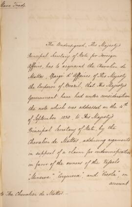 Nota diplomática n.7 datada do dia 10 de dezembro de 1830, de Henry Temple (1794-1865), 3.º Visco...