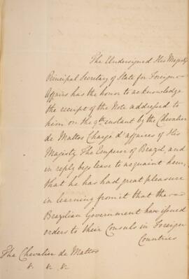 Nota diplomática datada do dia 13 de fevereiro de 1830, de George Hamilton-Gordon (1784-1860), 4°...