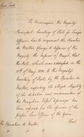 Nota diplomática n.17 datada do dia 10 de dezembro de 1830, de Henry Temple (1794-1865), 3.º Visc...