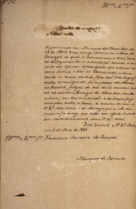 Ofício nº 26 datado de 9 de maio de 1831 em que Antônio Teles da Silva Caminha e Meneses (1790-18...