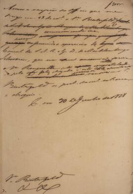 Minuta de nota, datada de 30 de junho de 1828, para Sr. Biesterfield, cônsul e agente comercial d...