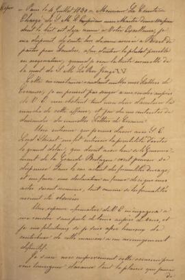 Cópia de nota recebida por George Hamilton Gordon (1784 - 1860), Conde de Aberdeen, e enviada par...