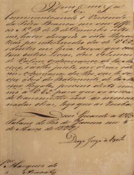 Ofício original datado do dia 5 de março de 1828, de autoria de Diogo Jorge de Brito (1785-1830), respondendo ao ofício datado do dia 3 de dezembro de 1827 enviado por Domingos Borges de Barros (1780-1855), Visconde de Pedra Branca, referente ao pedido de livros feito pelo Ministério da Marinha.