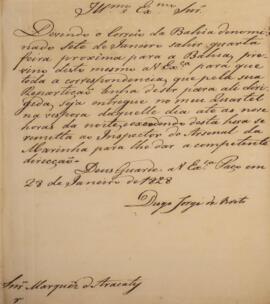 Minuta de ofício datada do dia 28 de janeiro de 1828, de  autoria de Diogo Jorge Brito (1785-1830), endereçada a João Carlos Augusto de Oyenhausen-Gravenburg (1776-1838), Marquês de Aracati. Informa que os documentos da Secretaria dos Negócios Estrangeiros deveriam ser entregues até as nove horas no quartel de Jorge Brito.