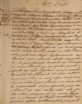 Ofício original datado do dia 30 de janeiro de 1828, de autoria de Diogo Jorge Brito (1785-1830), endereçado a João Carlos Augusto de Oyenhausen-Gravenburg (1776-1838), Marquês de Aracati, referente a um navio sueco. É informado que o navio entrou em Montevidéu no dia 31 de dezembro de 1827 e também que o almirante da respectiva embarcação deveria pagar uma fiança.