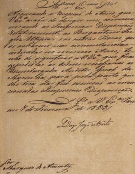 Ofício original datado do dia 7 de fevereiro de 1828, de Diogo Jorge Brito (1785-1830), acusando o recebimento do aviso enviado por João Carlos Augusto de Oyenhausen-Gravenburg (1776-1838), Marquês de Aracati, referente ao navio inglês Utopia e às ordens expedidas ao desembargador auditor-geral da Marinha.