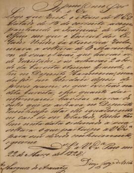 Ofício original datado do dia 22 de março de 1828, de autoria de Diogo Jorge Brito (1785-1830), endereçado a João Carlos Augusto de Oyenhausen-Gravenburg (1776-1838), Marquês de Aracati, informando a tradução de um ofício em que o cônsul dos Estados Unidos reclamava a soltura de três marinheiros americanos presos.