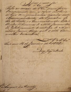 Ofício original datado do dia 14 de janeiro de 1828 e de autoria de Diogo Jorge Brito (1785-1830), endereçado a João Carlos Augusto de Oyenhausen-Gravenburg (1776-1838), Marquês de Aracati, referente à cópia de uma correspondência entre o comandante da esquadra do Rio da Prata e o comodoro dos Estados Unidos da América, James Biddle, sobre a entrega do marinheiro James Bing. Documento contém anexo.
