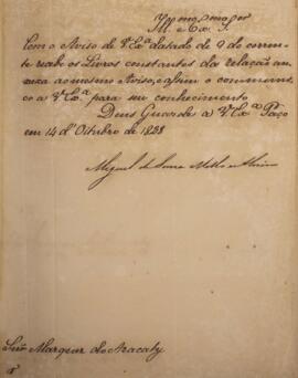 Ofício original datado do dia 14 de outubro de 1828, de autoria de  Miguel de Sousa Melo e Alvim (1784-1855), endereçado a João Carlos Augusto de Oyenhausen-Gravenburg (1776-1838), Marquês de Aracati, acusando o recebimento dos livros referenciados no aviso do dia 9 de outubro enviado por Aracati.