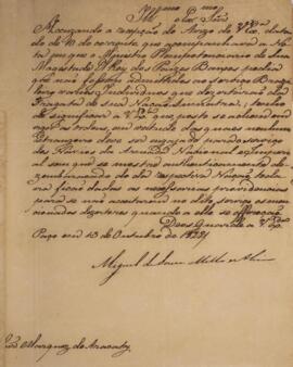 Ofício original datado do dia 13 de outubro de 1828, de autoria de Miguel de Sousa Melo e Alvim (1784-1855), acusando a recepção do aviso do dia 10 de outubro enviado por João Carlos Augusto de Oyenhausen-Gravenburg (1776-1838), Marquês de Aracati, referente ao pedido do ministro plenipotenciário dos Países Baixos de que não fossem admitidos os marinheiros neerlandeses que deserdaram do navio real dos Países Baixos.