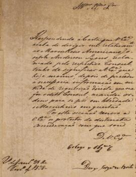 Ofício original datado do dia 28 de fevereiro de 1828, de autoria de Diogo Jorge Brito (1785-1830), respondendo a uma carta referente ao caso do marinheiro americano Joseph Anderson Lyons, situação essa reclamada pelo próprio cônsul dos Estados Unidos da América.