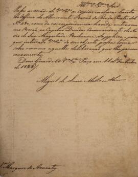Ofício original datado do dia 11 de outubro de 1828, de autoria de Miguel de Sousa Melo e Alvim (1784-1855), enviando a João Carlos Augusto de Oyenhausen-Gravenburg (1776-1838), Marquês de Aracati, as cópias do ofício do almirante Rodrigo Pinto Guedes (1762-1843), Barão do Rio da Prata, e da correspondência entre o Barão e o capitão inglês Dundas.