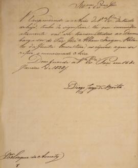 Ofício original datado do dia 16 de janeiro de 1828, de autoria de Diogo Jorge Brito (1785-1830), respondendo a nota do dia 16 de janeiro enviada por João Carlos Augusto de Oyenhausen-Gravenburg (1776-1838), Marquês de Aracati, informando que serão transmitidos ao desembargador do Paço, José Albano Fragoso, as cópias mencionadas no aviso.