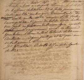 Minuta de despacho, com data de 11 de agosto de 1825, acusando o recebimento de dois ofícios enca...