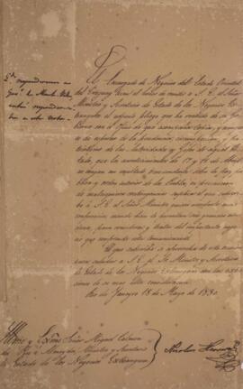 Nota diplomática original, datada de 18 de maio de 1830, enviada por Nicolás Herrera (1744-1833) ...