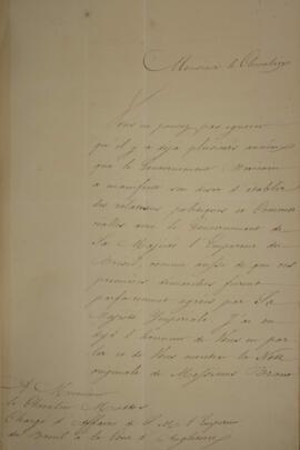 Nota diplomática enviada por M. E. de Gorostiza (s.d.), ministro da República dos Estados Unidos ...