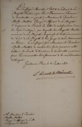 Nota diplomática enviada por Guilherme Henrique (1765-1837), Conde de Munster, para Eustaquio Ado...