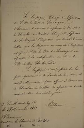 Nota diplomática enviada por Conde de Pollon (s.d.), para Eustaquio Adolfo de Mello Mattos (1795-...