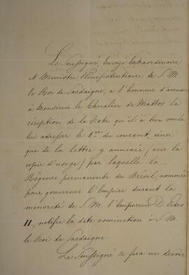 Nota diplomática enviada por Martin d'Aglié (s.d.), para Eustaquio Adolfo de Mello Mattos (1795-s...