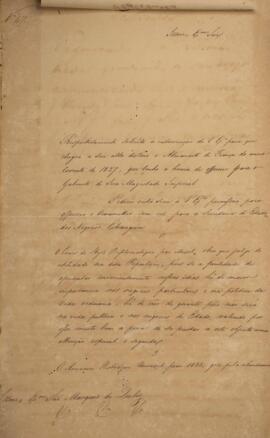 Ofício original, datado de 19 de abril de 1827, enviado por Luiz Moutinho de Lima Álvares e Silva...