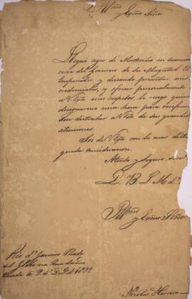 Nota diplomática original, datada de 2 de dezembro de 1829, enviada por Nicolás Herrera (1744-183...