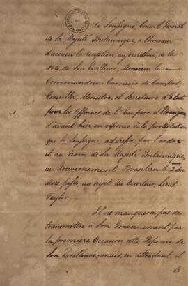 Nota diplomática original enviada por Henry Chamberlain (1773–1829), cônsul geral da Inglaterra, ...