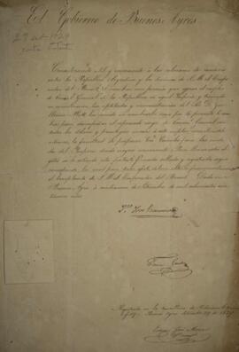 Carta patente da República Argentina em 29 de setembro de 1829 nomeia Guillermo Platt (s.d) para ...