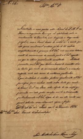 Ofício original, datado de 11 de dezembro de 1826, enviado por Luiz Moutinho de Lima Álvares e Si...