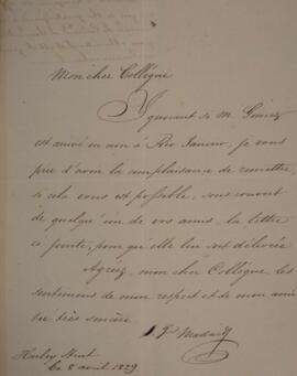 Nota diplomática produzida por José Fernández Madrid (s.d.), na data de 8 de abril de 1829, solic...