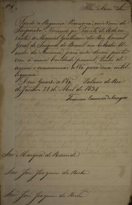 Despacho de Francisco Carneiro de Campos (1765-1842) ao Marquês de Resende (1790-1875) enviado em...