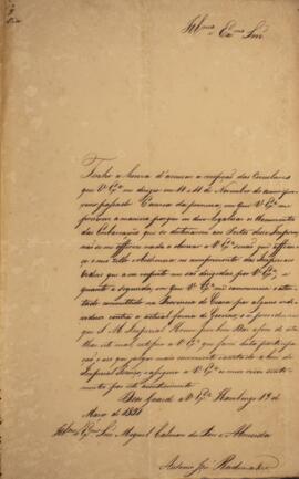 Ofício original, datado de 19 de março de 1830, enviado por Antônio José Rademaker para Miguel Ca...