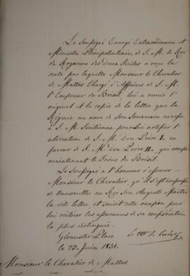 Nota diplomática enviada por Conde de Ludolf (s.d.), para Eustaquio Adolfo de Mello Mattos (1795-...