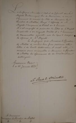 Nota diplomática enviada por Guilherme Henrique (1765-1837), Conde de Munster, para Eustaquio Ado...